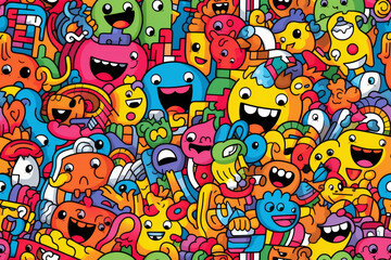 Obraz premium A colorful and playful pattern of various cartoon characters, each with its own unique design.