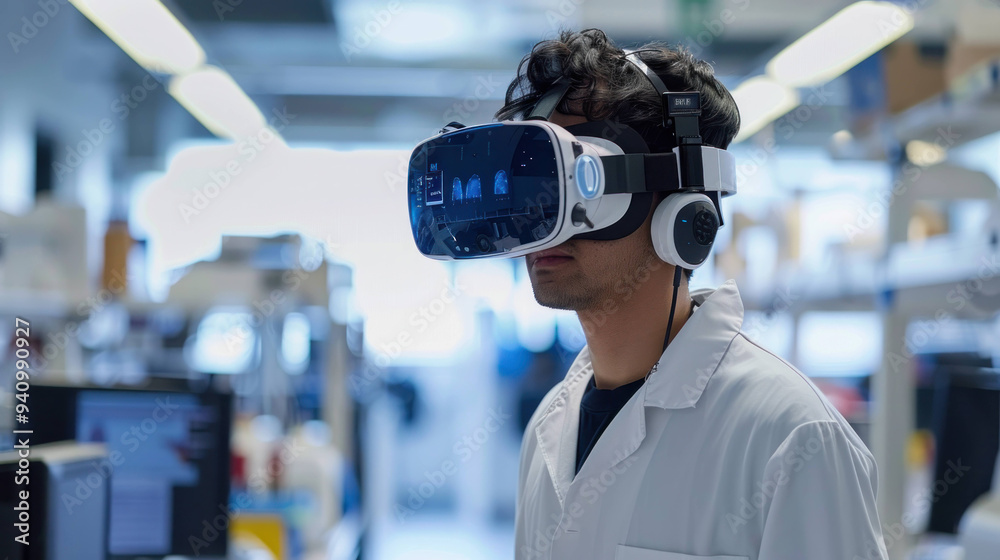 Poster Digital Discovery: Scientist Immersed in Virtual Reality Simulation.