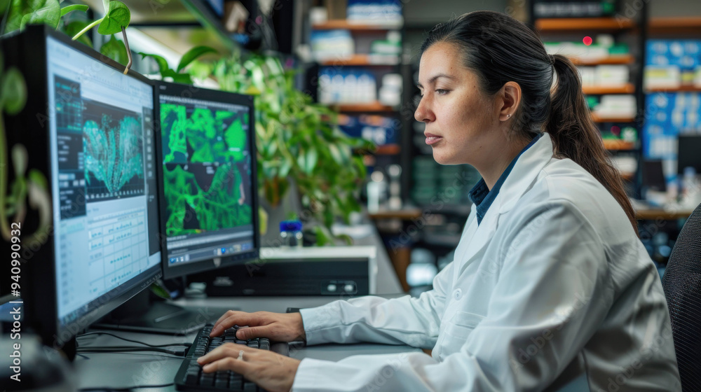 Poster Focused scientist analyzing data on computer screens in laboratory