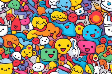 A colorful and playful seamless pattern with cartoon faces, shapes, and objects.