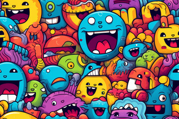 Fototapeta premium A colorful and vibrant background with a variety of happy and silly cartoon creatures.