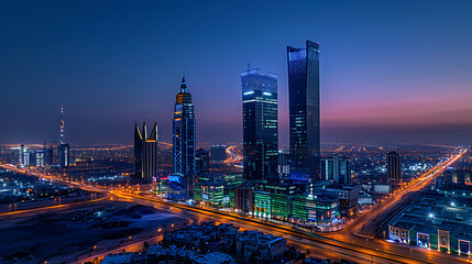 Obraz premium Buildings stand in Riyadh, Saudi Arabia against a blue sky