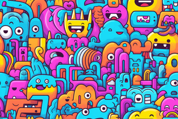 A colorful and vibrant doodle pattern filled with quirky and playful characters and shapes.