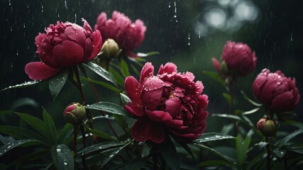 Obraz premium Pink peonies glisten with raindrops in a tranquil garden setting, showcasing nature's beauty