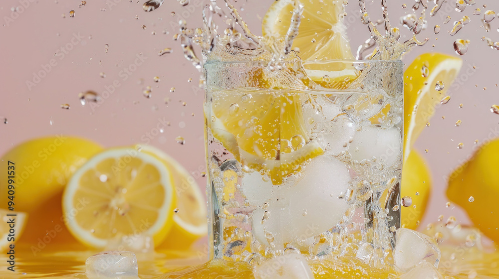 Poster Refreshing Lemonade Splash with Ice Cubes on Studio Background.