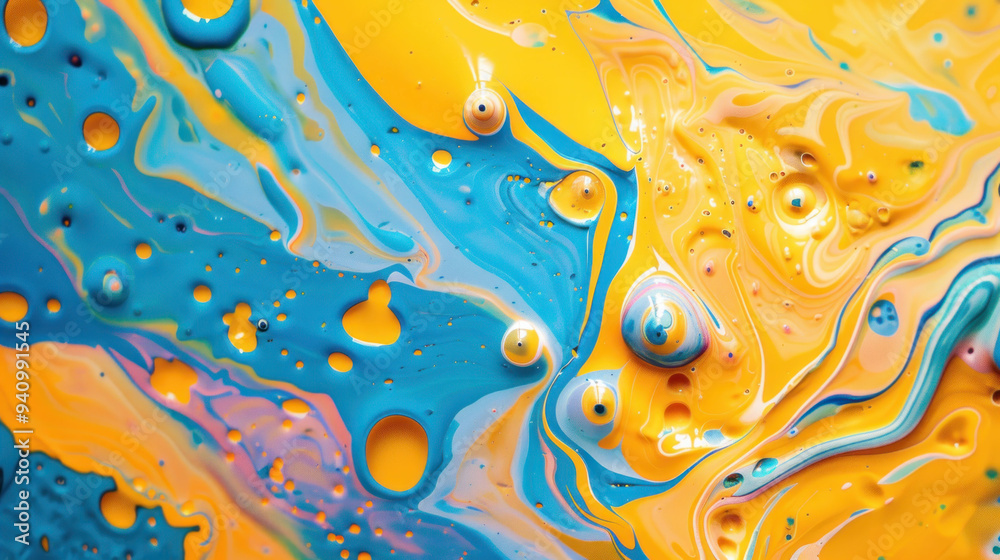 Poster vivid oil splash abstract patterns on studio backdrop.