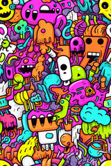 A colorful and vibrant pattern of cartoon monsters, characters, and abstract shapes, all drawn in a doodle style.