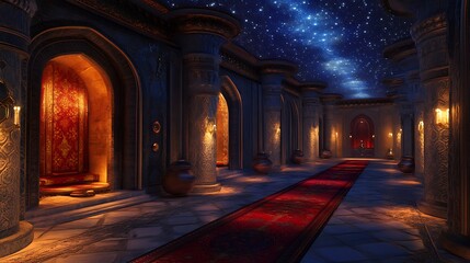 Obraz premium Mystical Royal Palace Interior with Flying Carpets and Starry Night Ceilings