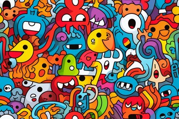 A colorful and whimsical doodle pattern featuring a variety of cartoon characters and abstract shapes.