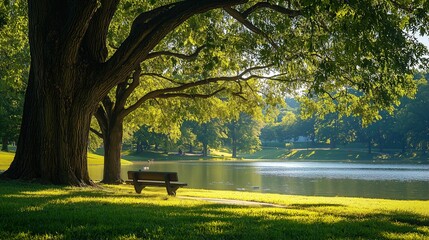 Serene park scene with a majestic oak tree shading a solitary bench overlooking a tranquil lake, bathed in warm sunlight filtering through lush green foliage.