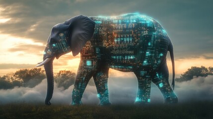 Obraz premium Ethereal Tech Fusion - Elephant Walking in Clouds with Glowing Circuits Inside