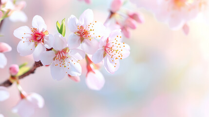 Fototapeta premium Delicate cherry blossom flowers in full bloom, set against a soft, pastel background. 