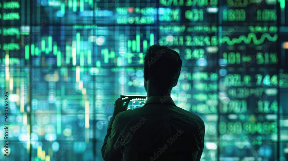 Aufkleber A person analyzing stock market data on smartphone, surrounded by digital screens displaying financial graphs and numbers. atmosphere conveys focus and determination.