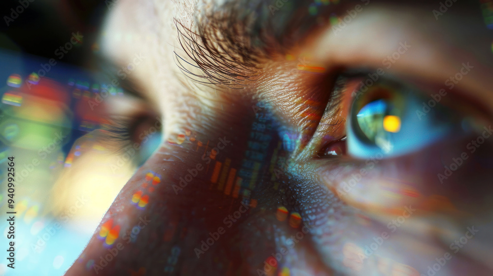 Poster analyzing market trends: close-up of stock trader's eye reflecting digital charts.