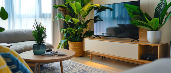 Modern living room with television, plants, and stylish furniture, creating cozy and inviting atmosphere.