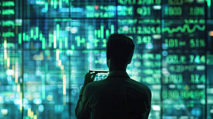 A person analyzing stock market data on smartphone, surrounded by digital screens displaying financial graphs and numbers. atmosphere conveys focus and determination.