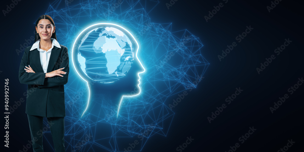 Aufkleber happy young businesswoman with folded arms and glowing blue world map inside polygonal head outline 