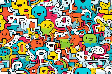 A colorful and whimsical pattern featuring a multitude of cute cartoon characters with various expressions, shapes, and colors, forming a lively and energetic design.