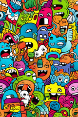 A colorful and vibrant seamless pattern featuring a multitude of cartoon faces with various expressions, creating a playful and energetic design.