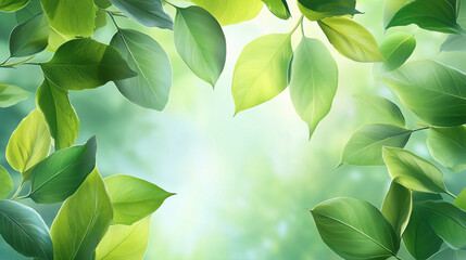 Fototapeta premium Morning sunbeam casting soft shadows through lush green leaves. 