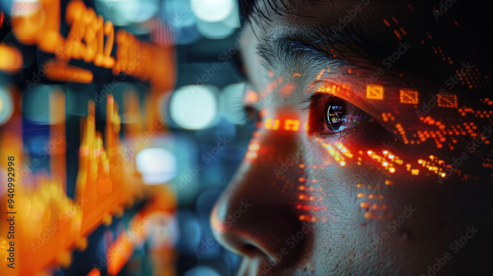Poster digital stock market trading: close-up of trader's face with holographic financial graphics.