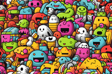 A colorful and whimsical pattern featuring cute and quirky characters with various expressions.