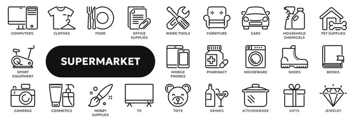 Set of vector line icons related to supermarket product categories, retail, e-commerce and shopping. Symbols for website or app ui, logo design, illustration