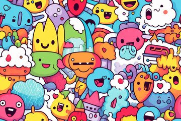Naklejka premium A colorful and whimsical pattern featuring cute cartoon characters with expressive faces.