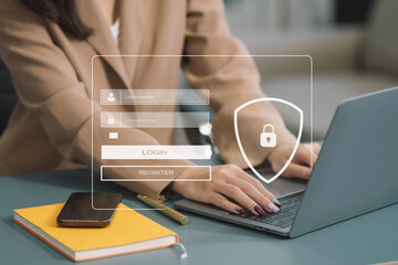 Business woman typing login and password in the concept of cyber security, information security,...