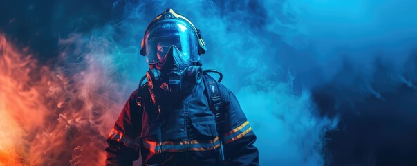 Fototapeta premium Firefighter in gear, standing amidst colorful smoke.