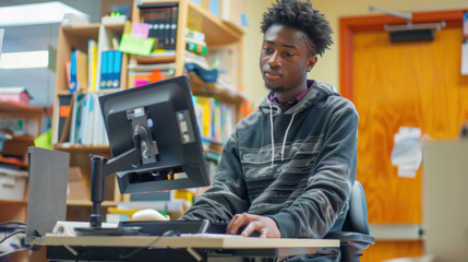 Focused student working on computer in classroom setting, displaying concentration and engagement.