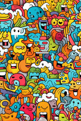 A colorful and whimsical pattern of doodle characters in various shapes and sizes.