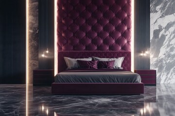 Dark room in rich trend material mockup background for art. Modern premium bedroom with plum violet...