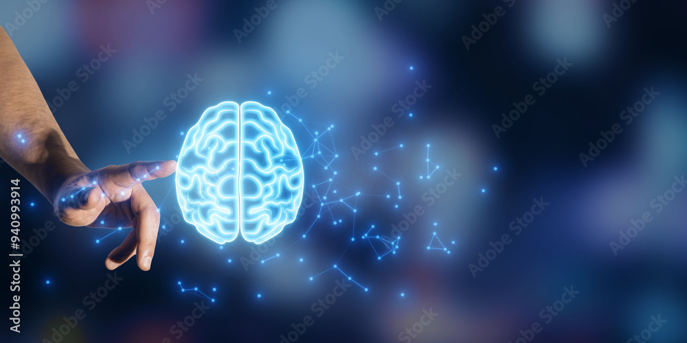 Aufkleber close up of businessman hand pointing at glowing polygonal brain hologram on blurry bokeh background