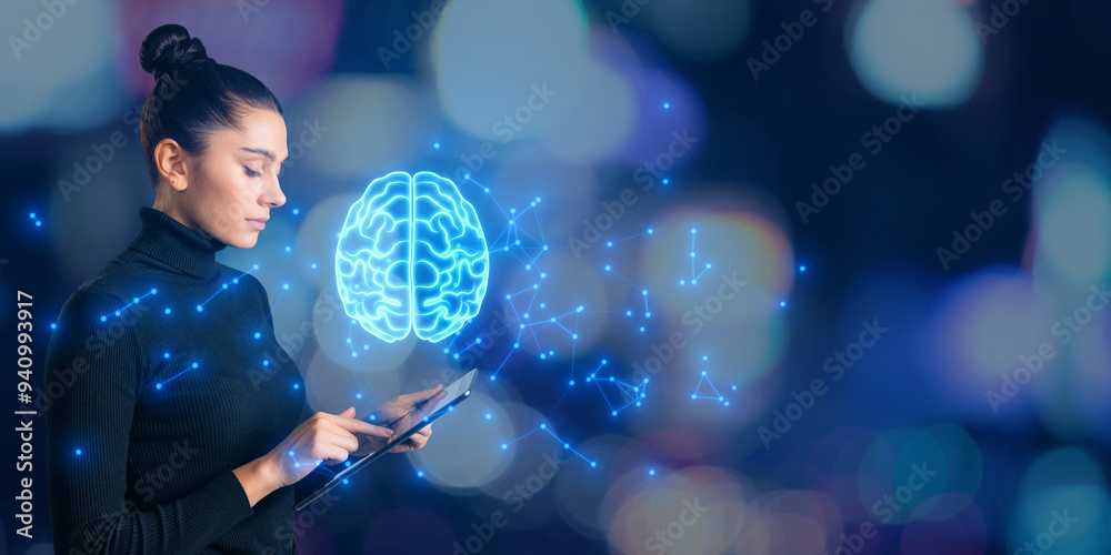 Poster attractive young european businesswoman using tablet with glowing polygonal brain hologram on blurry