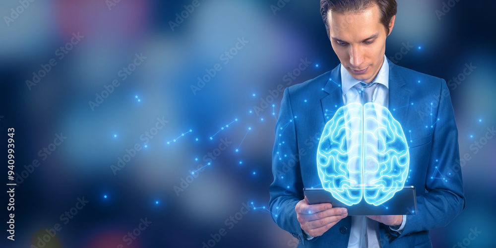 Aufkleber attractive young european businessman using tablet using glowing polygonal brain hologram on blurry 