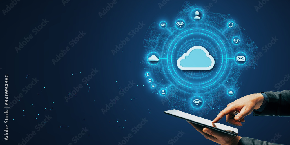 Poster Close up of man hands holding and using smartphone with creative polygonal cloud computing hologram on blue background with mock up place. Database and server concept.