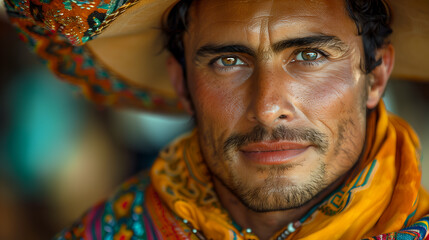 Obraz premium Handsome young mexican man with hat and mustache on black background