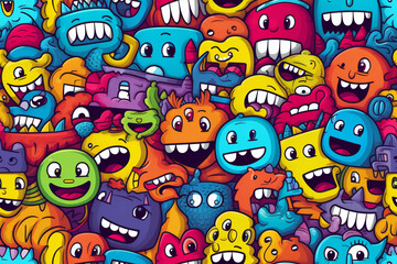 A colorful background pattern featuring numerous cartoon monsters with various expressions, all grinning with big toothy smiles.