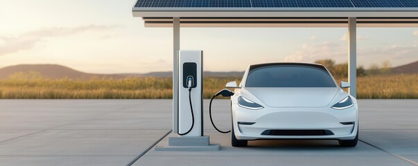 Naklejka premium Futuristic electric vehicle charging at a solar-powered station, eco-friendly design, 3D illustration