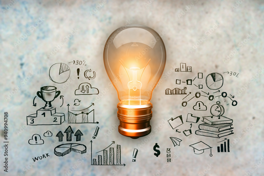 Poster Glowing lamp with business sketch on concrete wall background. Idea and success concept. 3D Rendering.