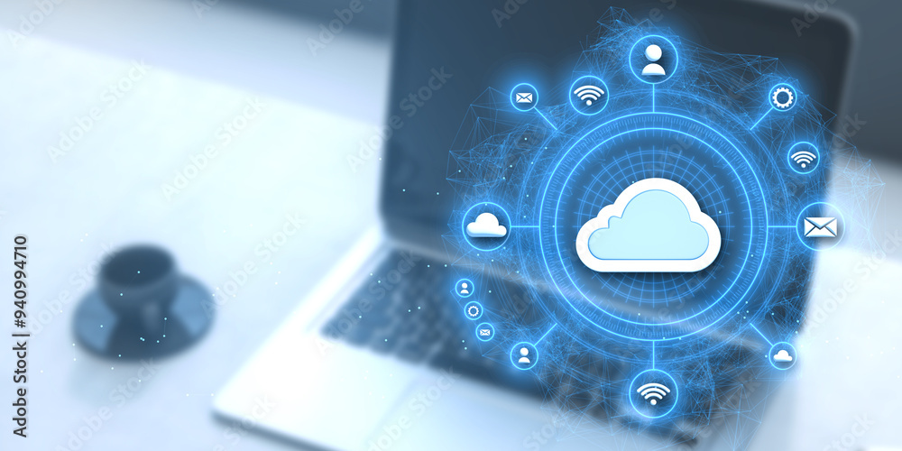 Poster Close up of laptop on desk with coffee cup and creative polygonal cloud computing hologram on blurry background. Database and server concept. 3D Rendering.