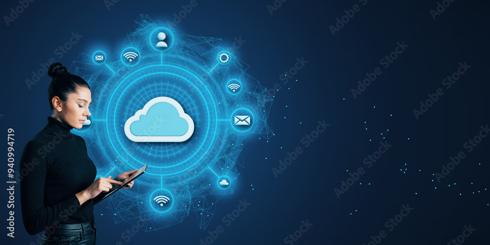 Poster attractive young european businesswoman using tablet with creative polygonal cloud computing hologra