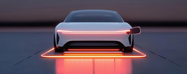 Futuristic electric vehicle on a charging pad, wireless energy transfer, sleek design, 3D illustration