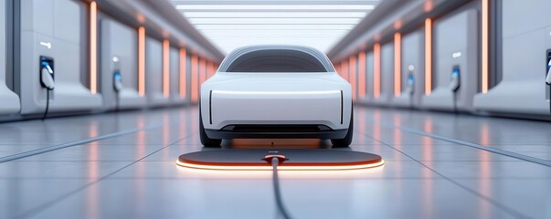 Futuristic electric vehicle on a charging pad, wireless energy transfer, sleek design, 3D illustration