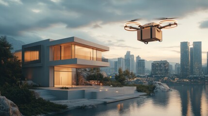 Obraz premium Drone delivering a package to a modern home in an urban setting, Technology service delivery concept.