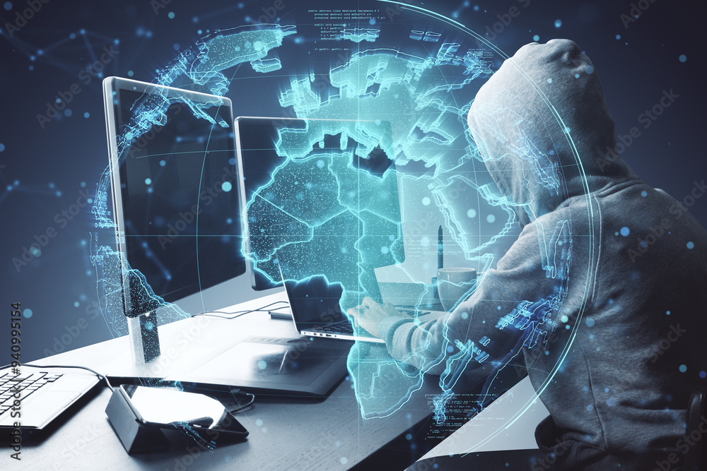Aufkleber Side view of hacker using laptop with glowing polygonal globe hologram on blurry background. Digital world, hacking and metaverse concept. Double exposure.