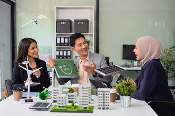 Engineer Teamwork Meeting, with partner on model building at company office working technology, Renewable energy-based green businesses and global warming.