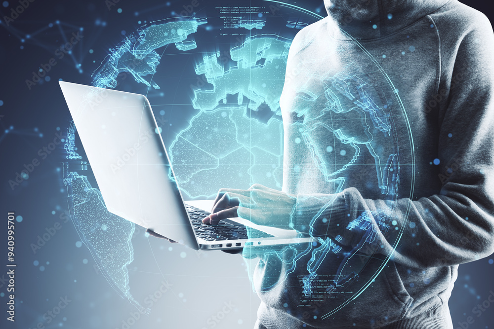 Poster Hacker using laptop with glowing polygonal globe hologram on blurry background. Digital world, hacking and metaverse concept. Double exposure.