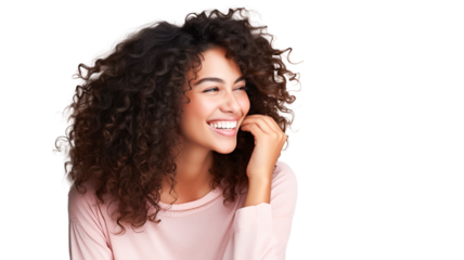 Portrait of a smiling African American woman with afro hair, isolated on transparent background PNG.